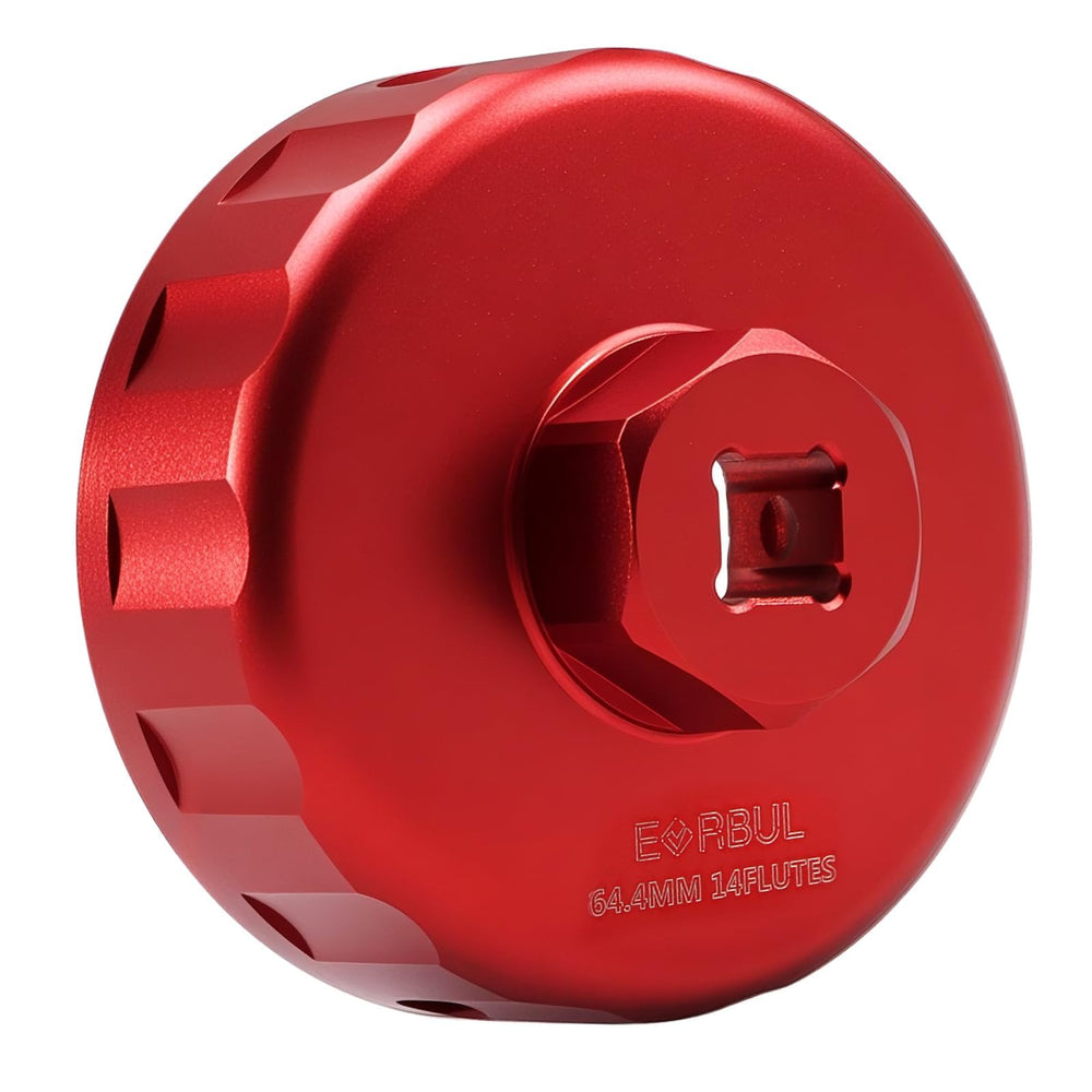 EVRBUL aluminum oil filter wrench close-up focusing on 64.4mm 14-flute compatibility for secure removal.