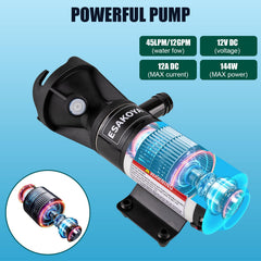 Esakoya 12V macerator pump with 10 ft drainage lift for versatile setups.