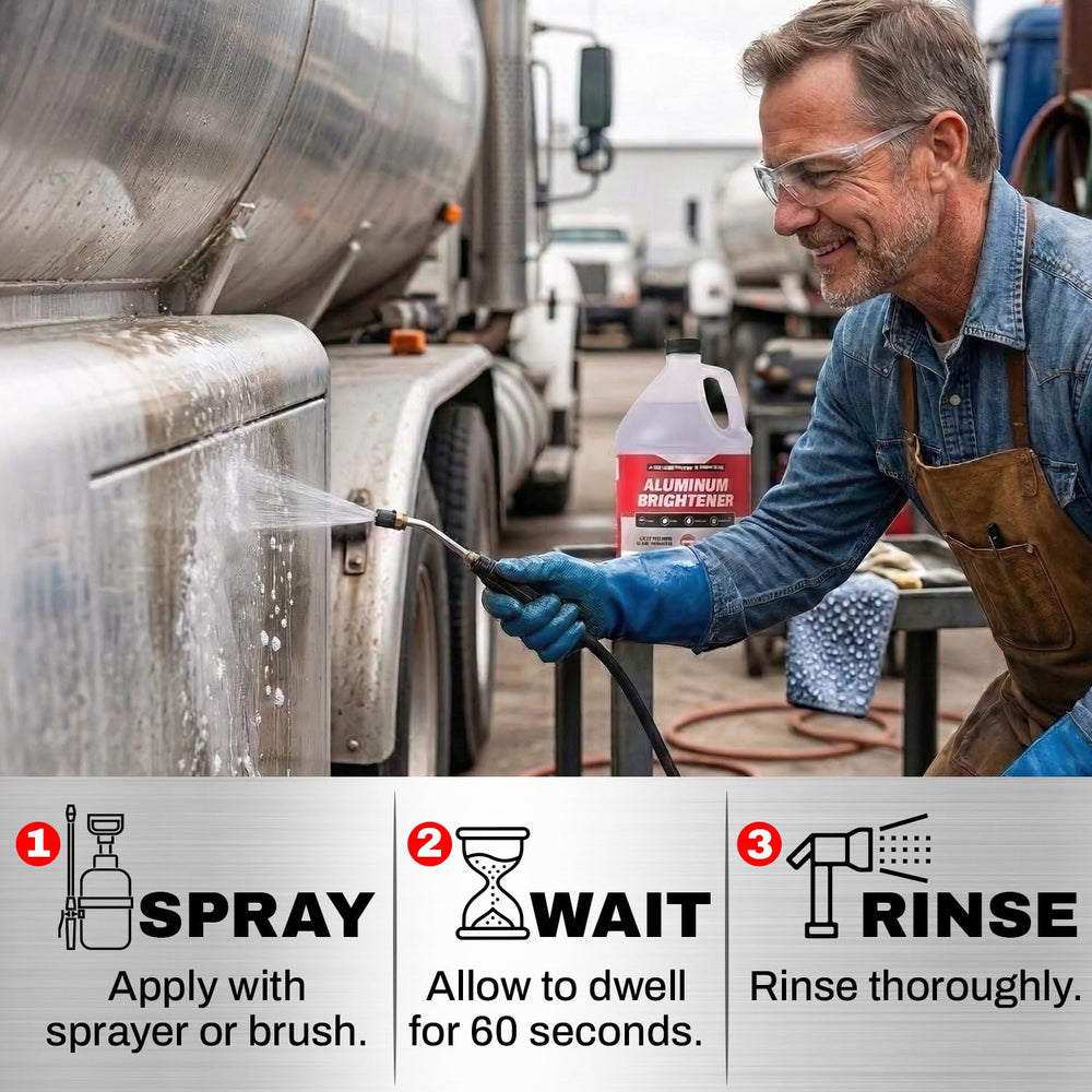 Escentile Concentrated Aluminum Brightener on RV panel revives metallic shine with cleaner appearance.