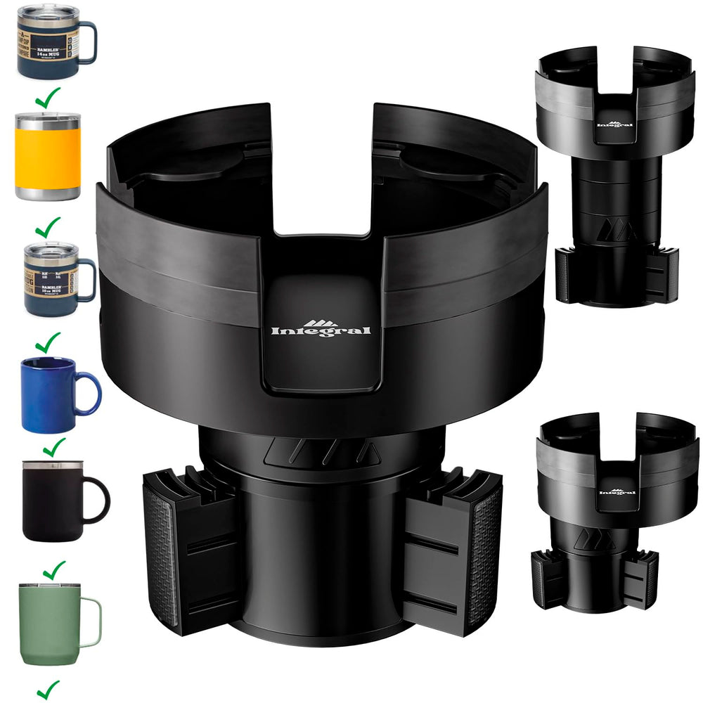 Essentially Engineered Integral Mug Integrator in car cupholder for secure travel with oversized mugs.