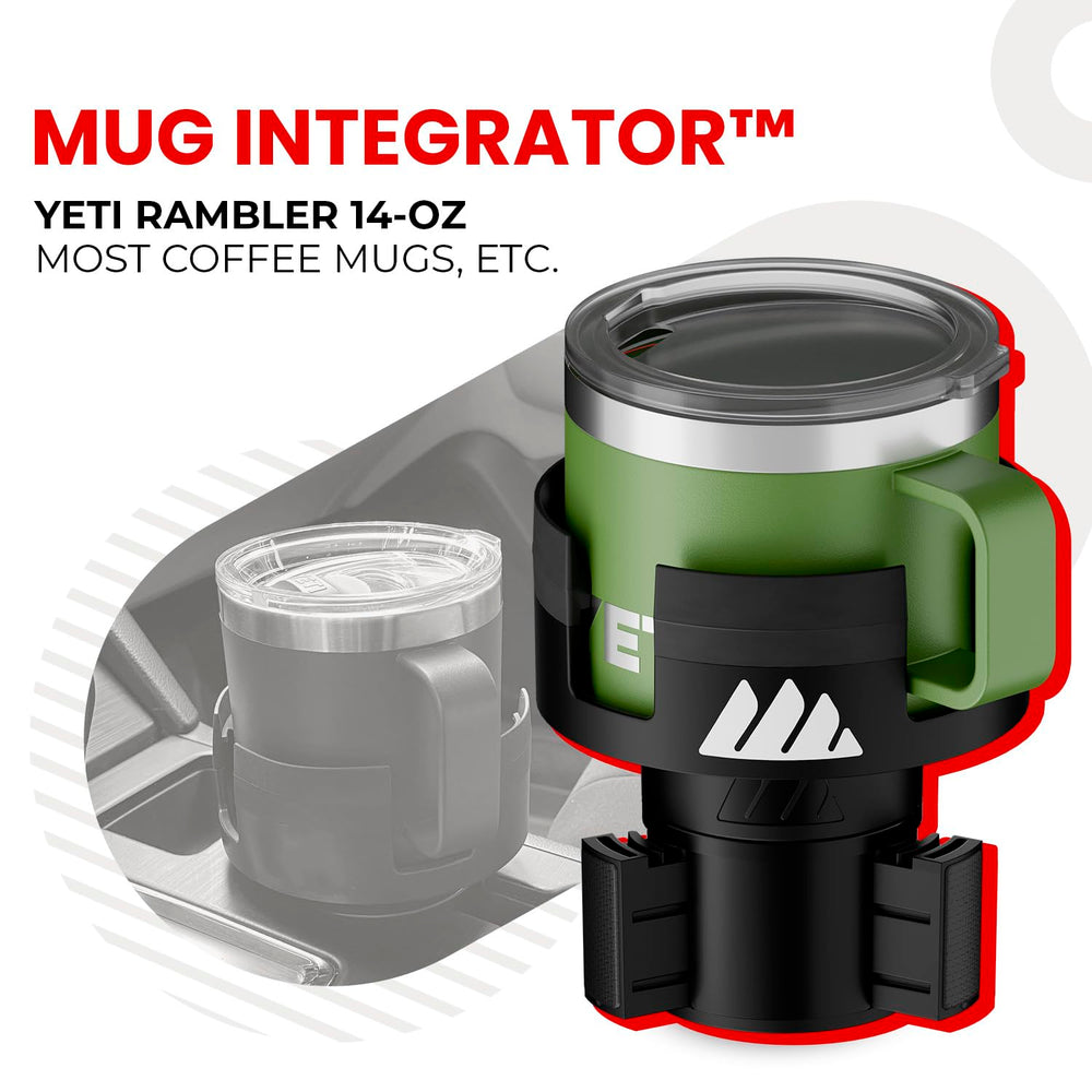 14oz YETI Rambler mug fit via Integral Mug Integrator for easy reach.