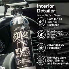 Ethos Interior Detailer applied on dashboard for quick streak-free rejuvenation