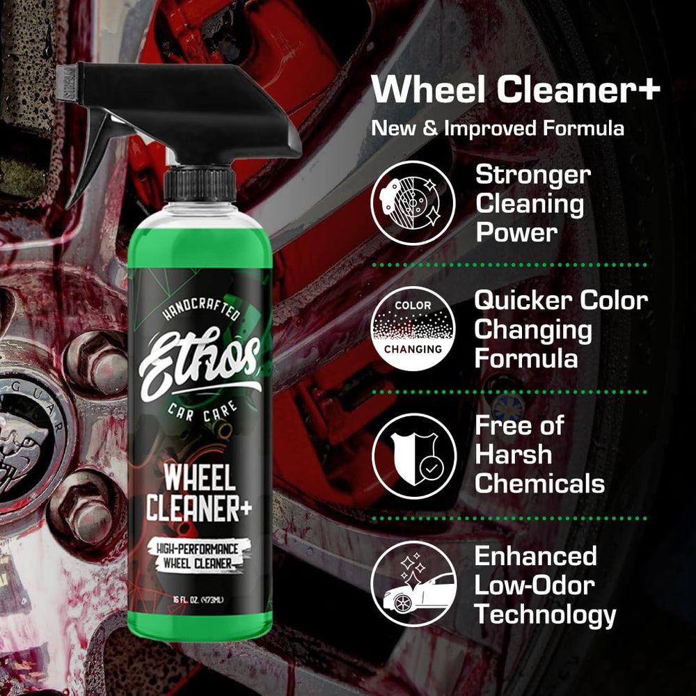 Ethos Wheel Cleaner Spray color-change gel highlights dirt as it loosens from wheels.