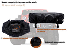 Eudora winch cover demonstrates quick, easy install with straps