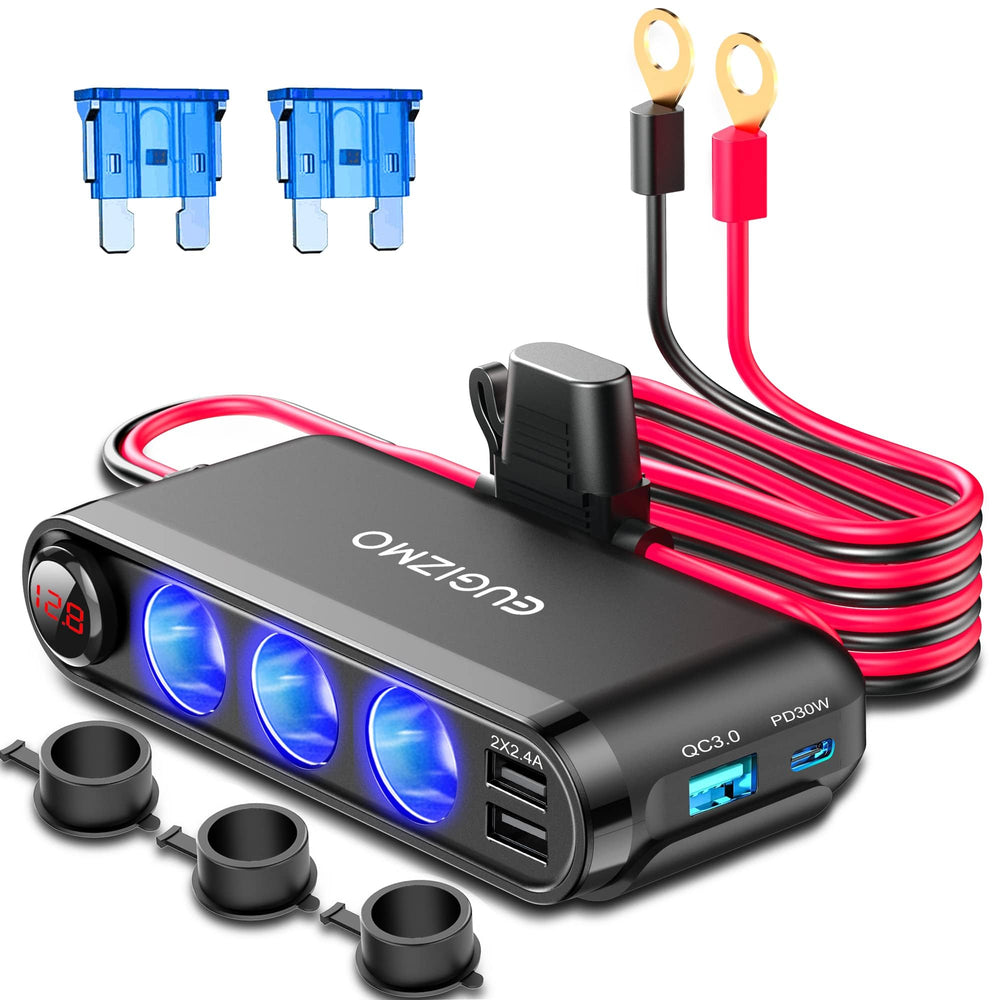 Eugizmo 7-in-1 12V outlet powers GPS and dash cam on the road.