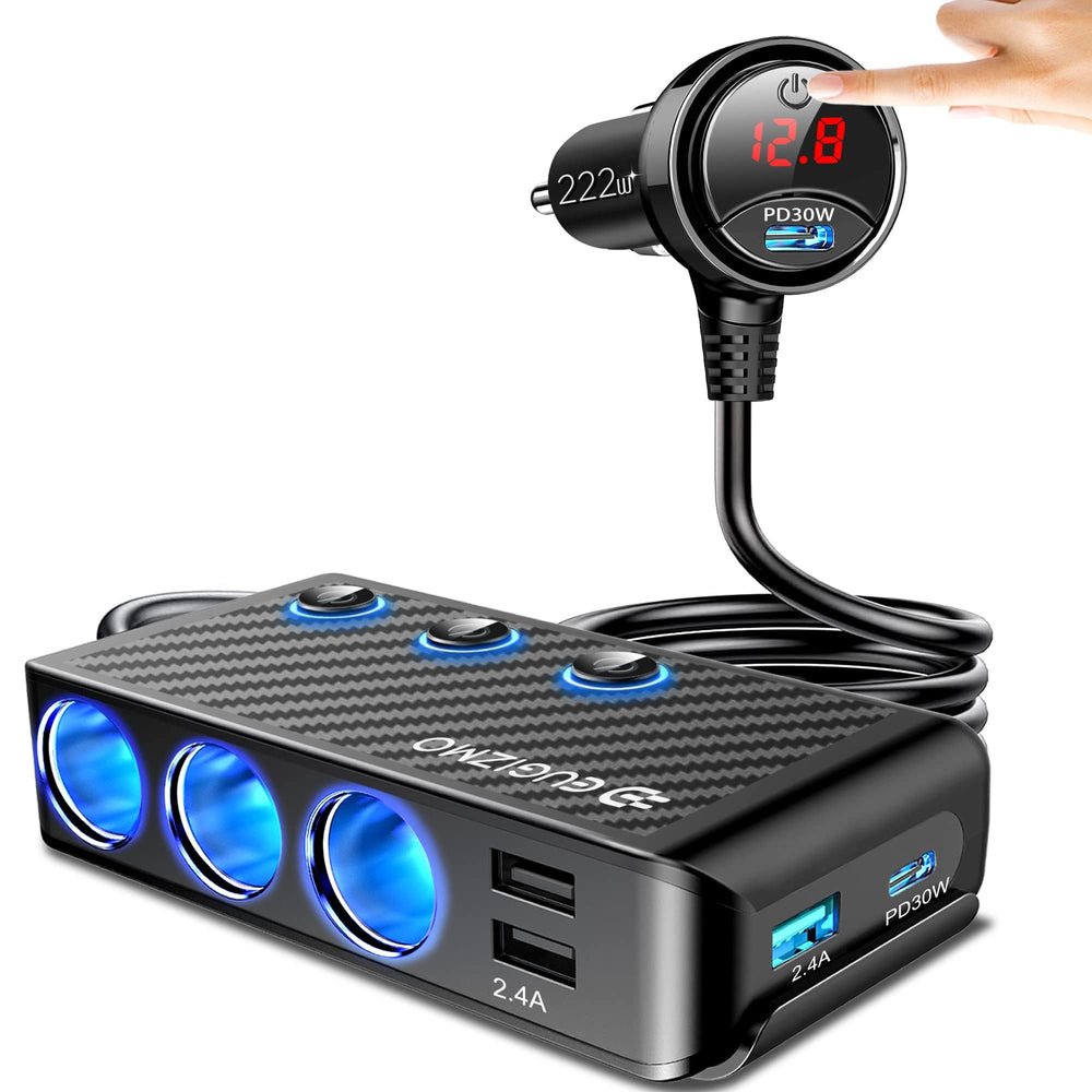 Eugizmo cigarette lighter adapter side view showing 222W capacity for multi-device charging.