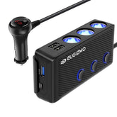 Eugizmo Cigarette Lighter Splitter with four ports and three sockets for in-car charging versatility.