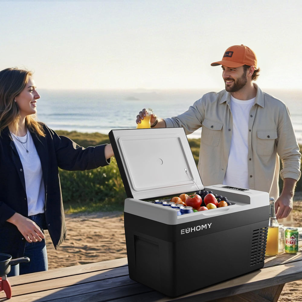 EUHOMY compact 25L fridge ideal for camping and travel.