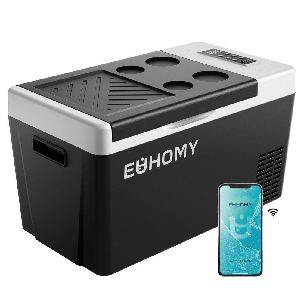 EUHOMY front view of 23QT fridge showing compact design and portability