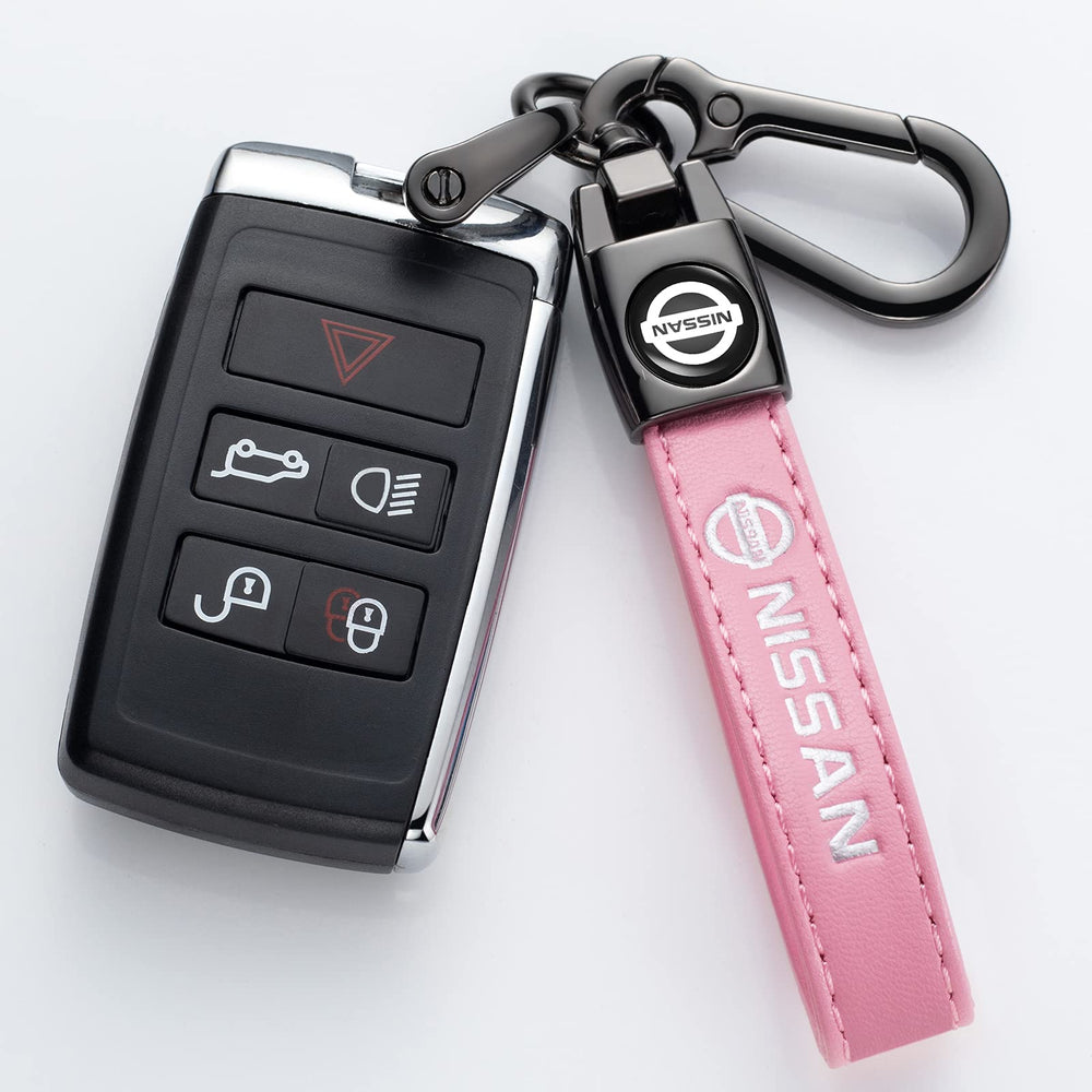 EULIX Nissan keychain showcasing braided leather rope detail for comfortable grip.