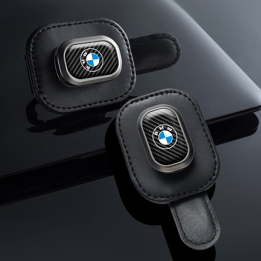 EULIX sunglasses holder closeup showing leather and aluminum construction