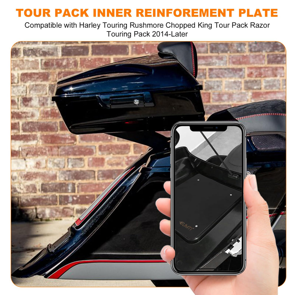 Eumti metal base plate side view shows perfect alignment with chopped luggage rack.
