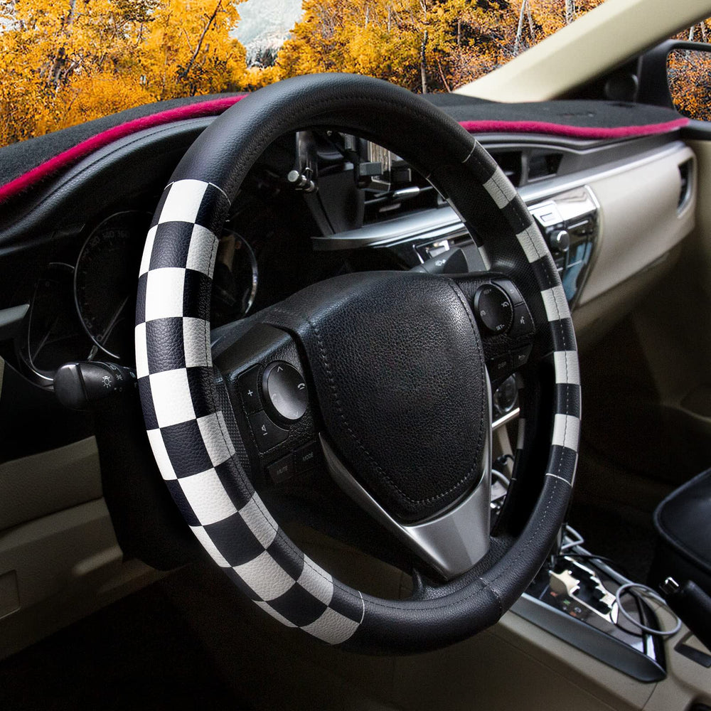 Evankin lattice leather steering wheel cover with checker pattern enhances grip and style.