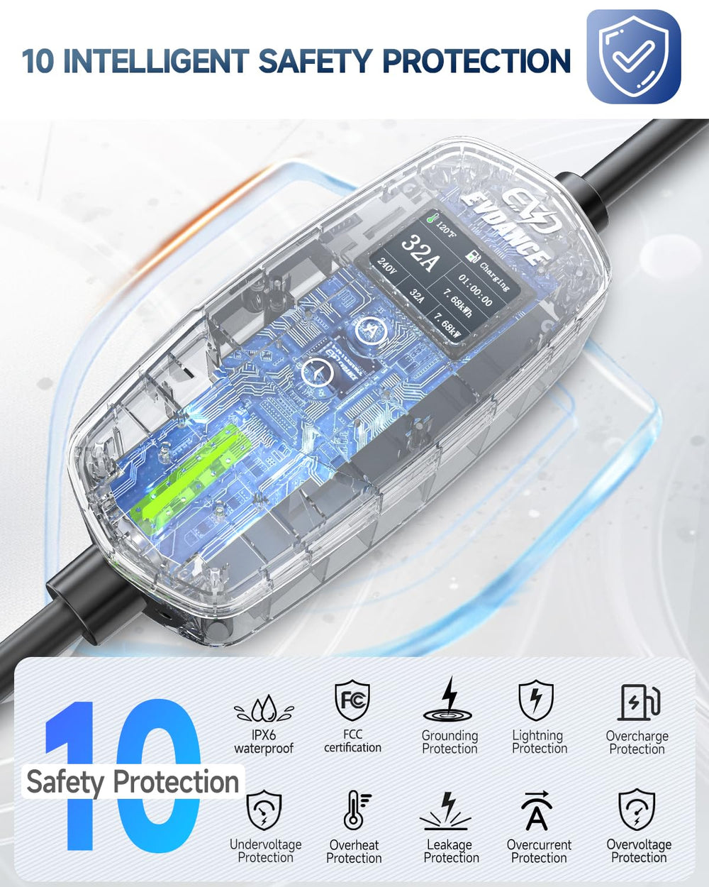 EVDANCE adjustable amperage from 10A to 32A for flexible charging.