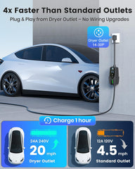 EVDANCE Level 2 25-foot cable reaches parked Tesla in driveway