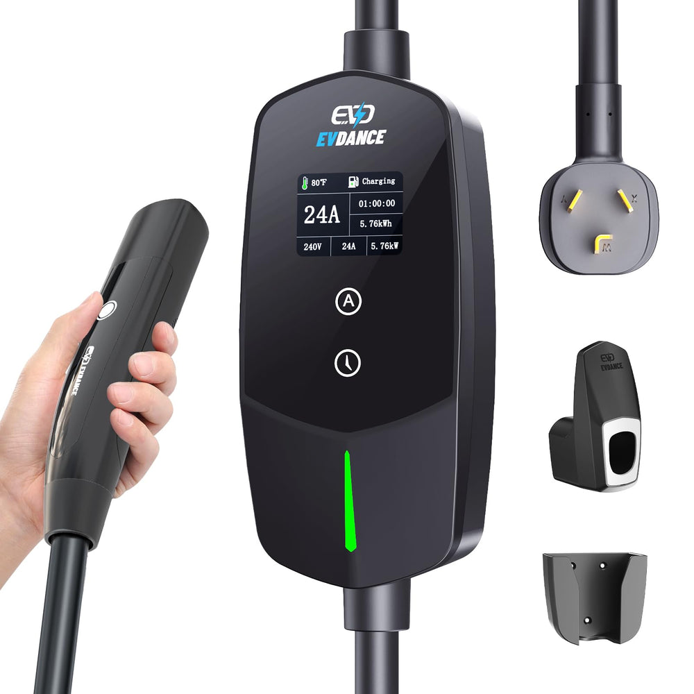 EVDANCE Level 2 charger with 25ft cable powering Tesla EVs for garage-to-driveway charging.