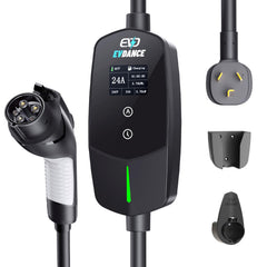 EVDANCE Level 2 EV Charger front view with 25ft cable for flexible home charging.