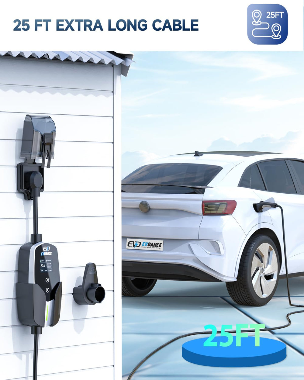 EVDANCE portable EV charger with 25-foot cable offers flexible reach for most driveways.