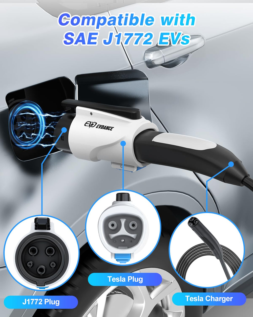 EVDANCE Tesla-J1772 adapter-compact-portable-design is light and easy to carry for on-the-go charging.