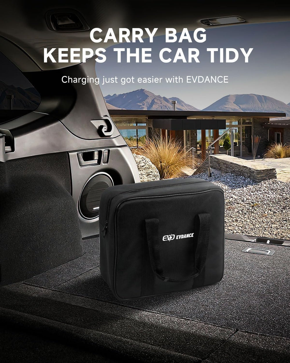EVDANCE charger with travel bag in a home charging setup.
