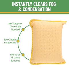Evelots glass defogger sponge works wet or dry for clear mirrors.