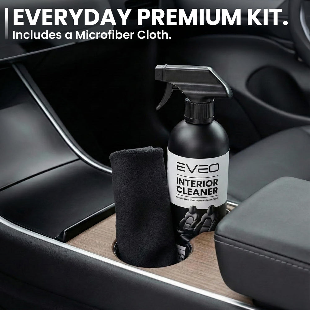 EVEO cleaner on piano black trim delivering a streak-free finish