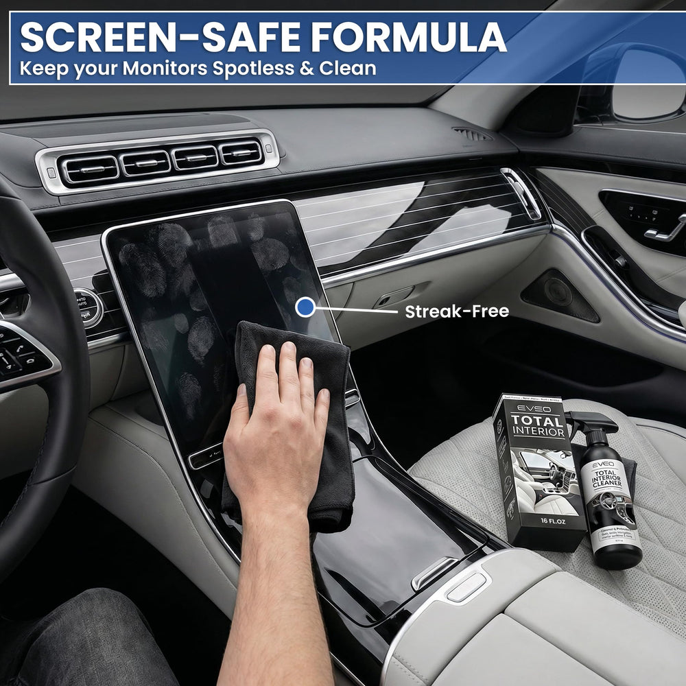 EVEO dashboard-cleaning action demonstrates safe, streak-free results on leather and plastic surfaces.