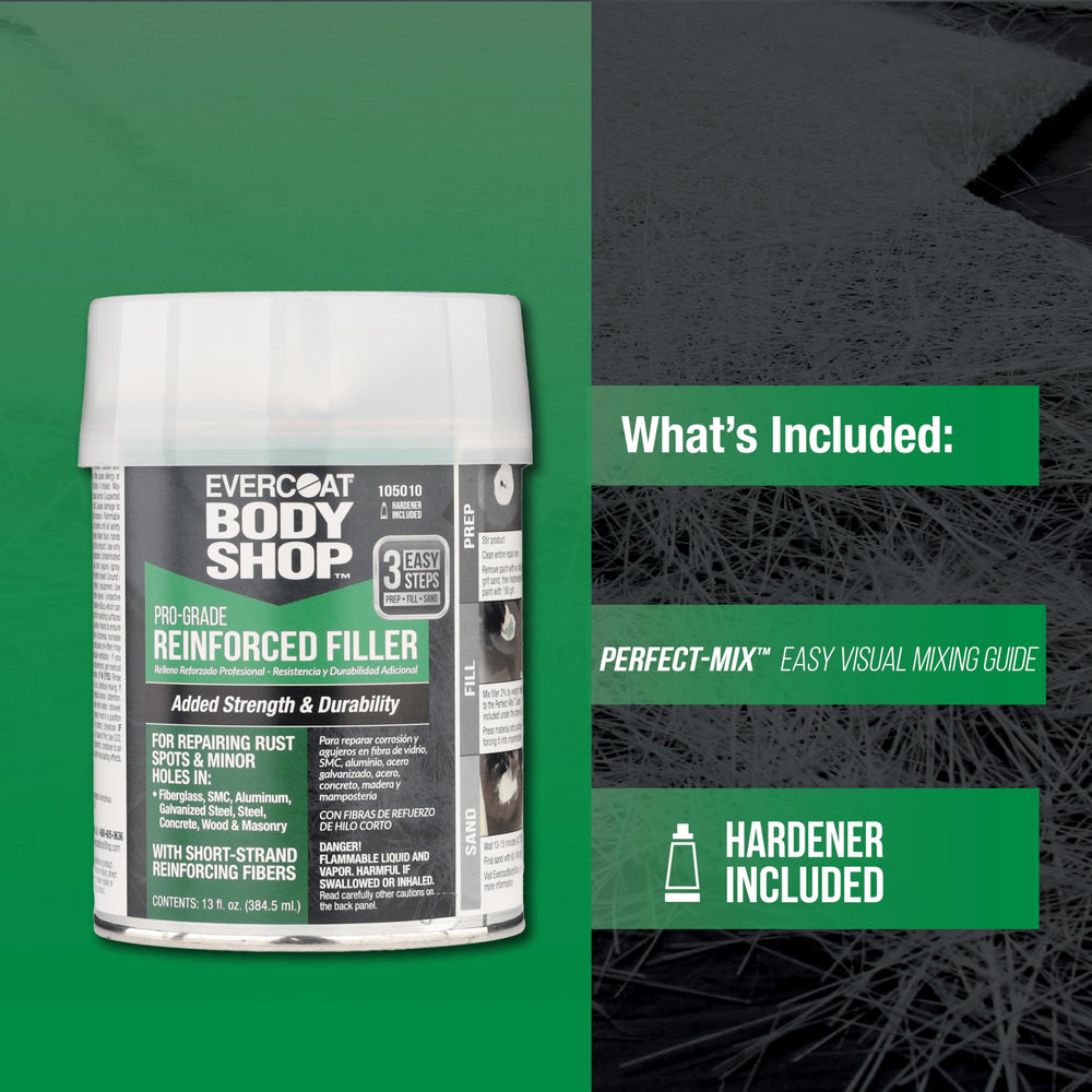 Evercoat Body Shop 105010 filler resists rust and water for long-lasting repairs.