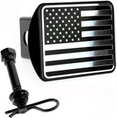 eVerHITCH USA flag metal trailer hitch cover 2in in black chrome protects the hitch and adds styling.