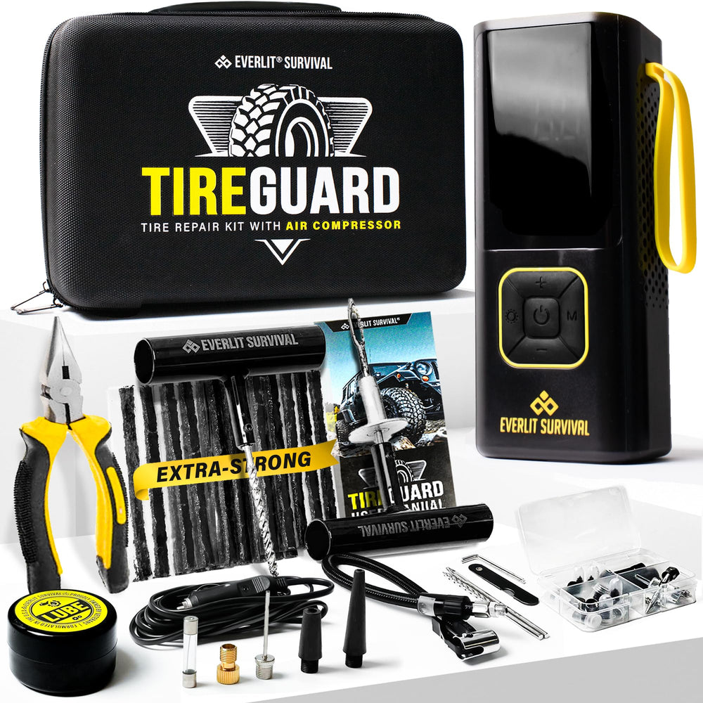 Everlit tire repair kit in use with air compressor inflating a tire.