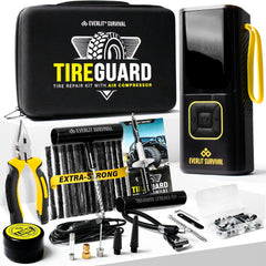 Everlit tire repair kit in use with air compressor inflating a tire.