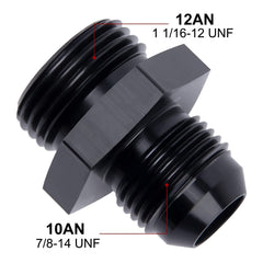 EVIL ENERGY 10AN flare to AN12 ORB adapter threads detail for high-pressure fuel lines.
