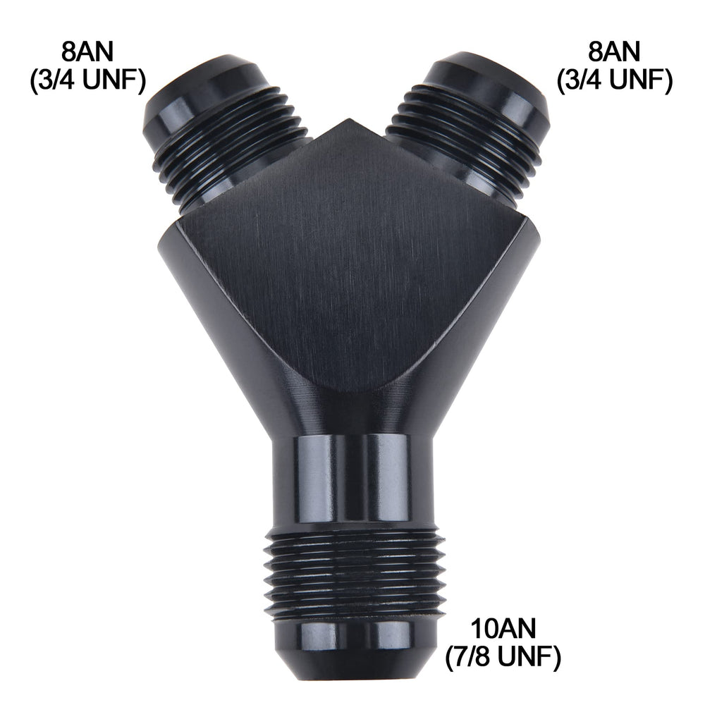 EVIL ENERGY 10AN to 8AN Y block flare adapter in black, side view, compact install.