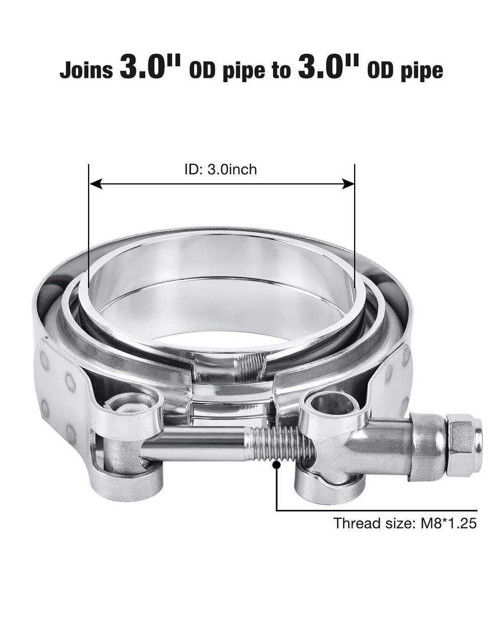 EVIL ENERGY 3.0-inch V-band clamp with female flange ensures stable alignment.