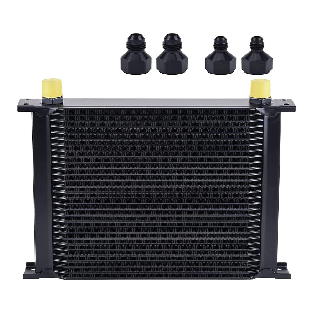 EVIL ENERGY 30-row oil cooler front view, durable aluminum for efficient cooling.