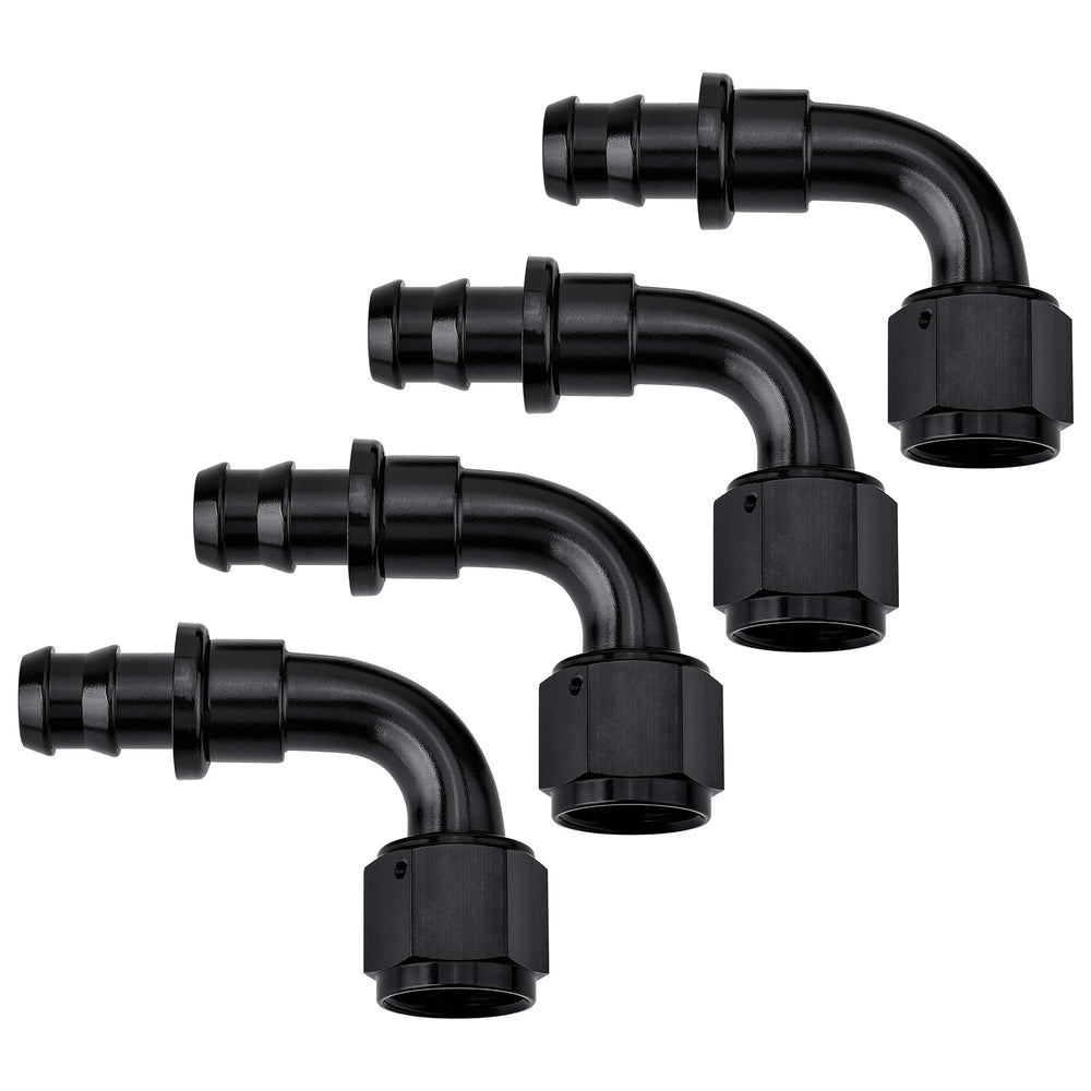 EVIL ENERGY 6AN 90-degree push-lock fitting close-up shows durable 6061-T6 aluminum body with a black finish.
