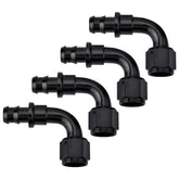 EVIL ENERGY 6AN 90-degree push-lock fitting close-up shows durable 6061-T6 aluminum body with a black finish.