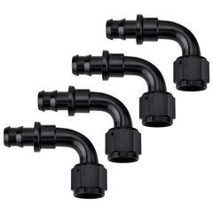 EVIL ENERGY 6AN 90-degree push-lock fitting close-up shows durable 6061-T6 aluminum body with a black finish.