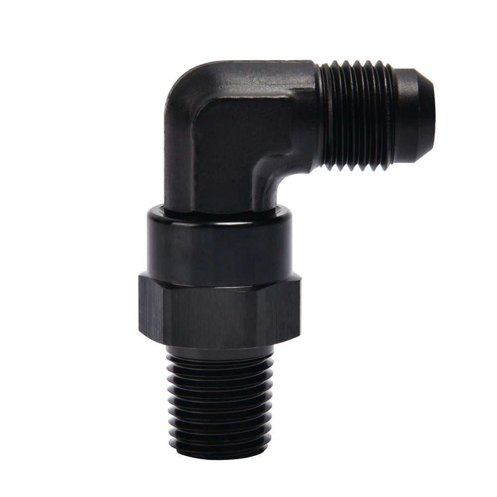 EVIL ENERGY 6AN to 1/4 NPT 90° swivel fitting front view for flexible fuel line routing