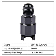 EVIL ENERGY three-eighths quick-disconnect EFI fitting close-up shows sturdy 6061-T6 aluminum.