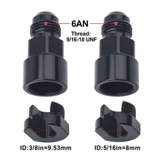 EVIL ENERGY 6AN to 3/8 and 5/16 quick disconnect EFI fitting close up showing durable aluminum body
