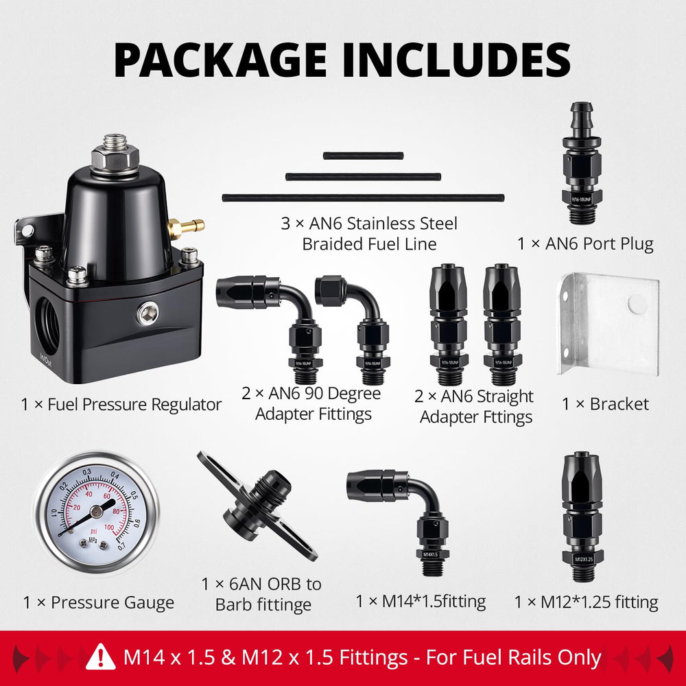 EVIL ENERGY 6AN to M14x1.5 fittings for versatile fuel rail compatibility.