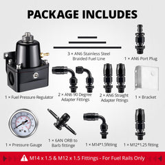 EVIL ENERGY 6AN to M14x1.5 fittings for versatile fuel rail compatibility.