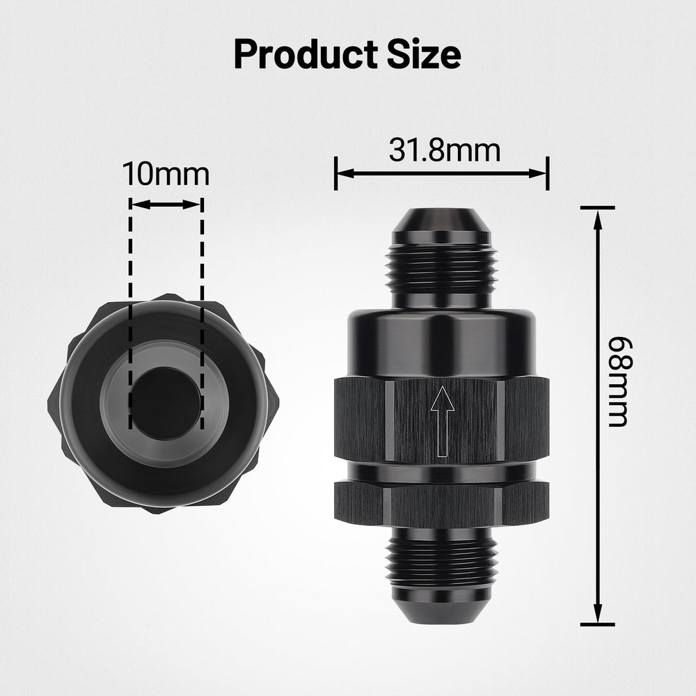 EVIL ENERGY inline check valve in aluminum black for consistent fuel flow.