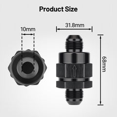 EVIL ENERGY inline check valve in aluminum black for consistent fuel flow.