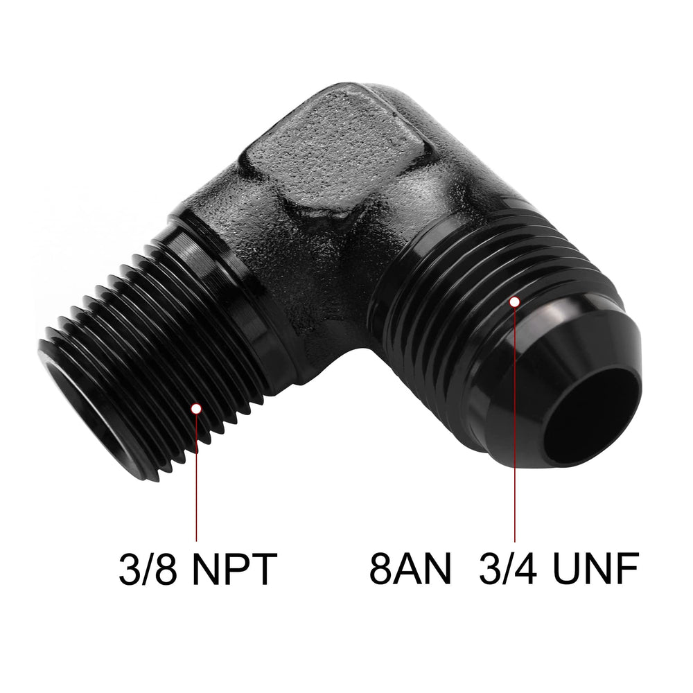 EVIL ENERGY 8AN to 38NPT male 90-degree aluminum elbow enables tight engine-bay routing