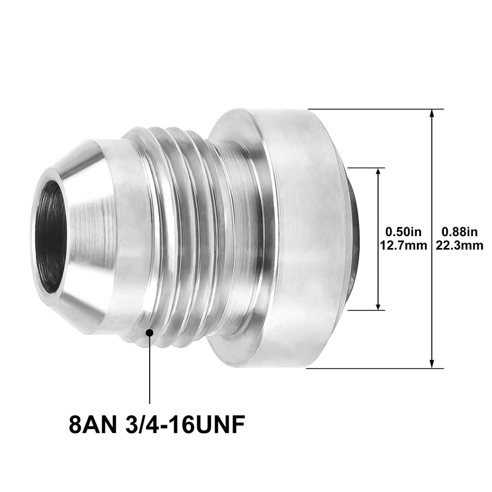 Close-up view of EVIL ENERGY 8AN weld bung assembly.