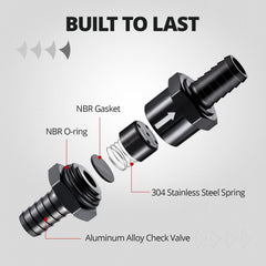 EVIL ENERGY barb inlet/outlet design enables quick, secure hose connections in fuel lines.