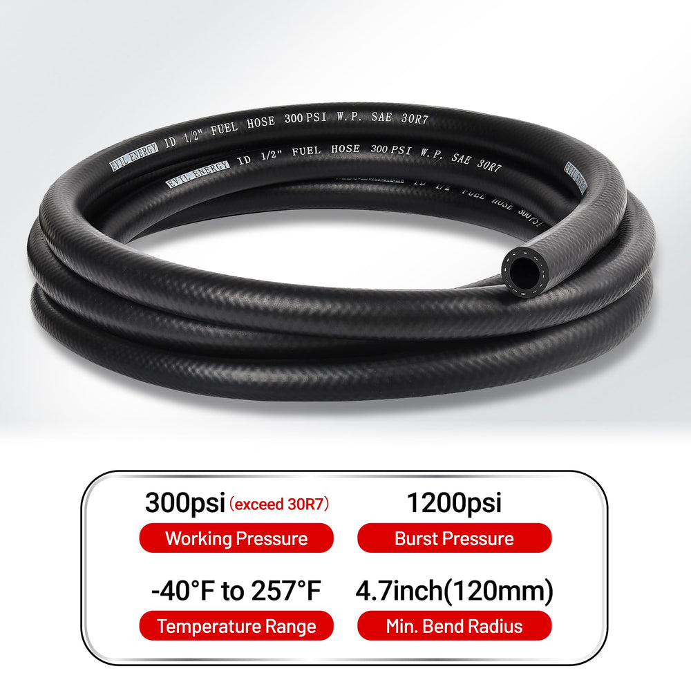 EVIL ENERGY fuel hose in installation view shows reliable end fittings and flexibility.