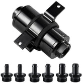EVIL ENERGY inline fuel filter with 12-inch barb fittings for flexible installation and protection.